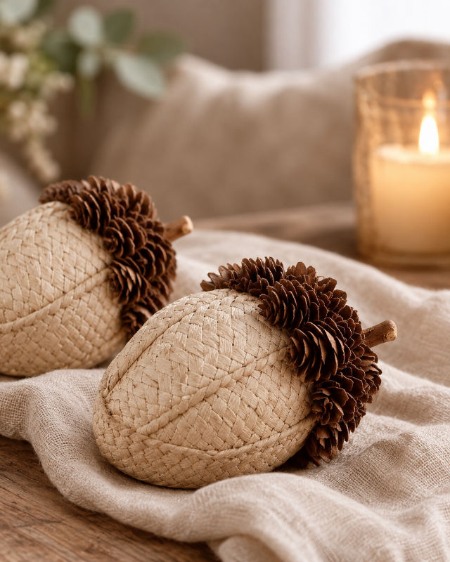 Bellota Decorativa de Piñas y Tela con Tallo de Madera