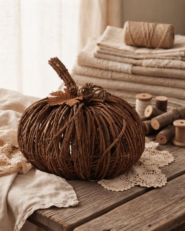 Calabaza de Madera Rústica con Hojas de Metal Oxidado